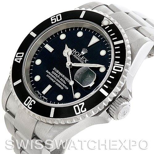 The image shows a close-up of the Rolex Submariner 16610 Men
s Stainless Steel Black Dial 16610 Men
s Stainless Steel Black Dial watch at an angle, highlighting the face, bezel, crown, and part of the bracelet.
