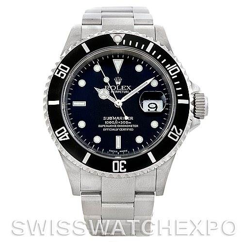 The image shows a front view of a Rolex Submariner 16610 Men
s Stainless Steel Black Dial 16610 Men
s Stainless Steel Black Dial watch, highlighting its face, bezel, and bracelet.