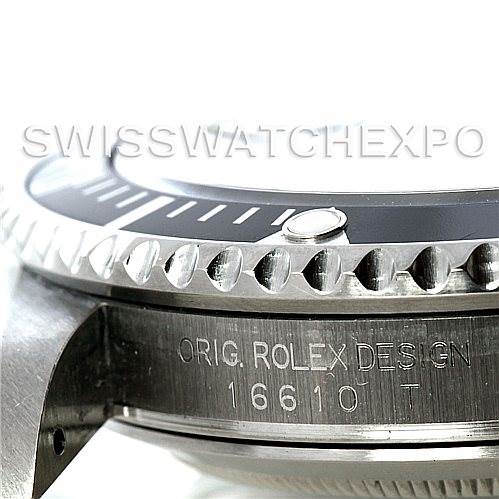 This image shows a close-up side view of the bezel and case of a Rolex Submariner 16610 Men
s Stainless Steel Black Dial 16610 Men
s Stainless Steel Black Dial, featuring the original design and model number 16610.