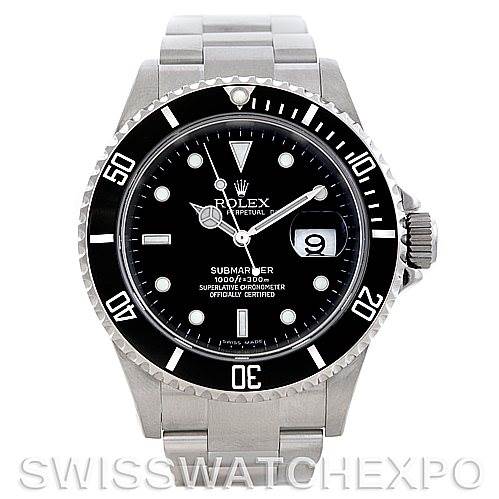 This image shows a front view of a Rolex Submariner 16610 Men
s Stainless Steel Black Dial 16610 Men
s Stainless Steel Black Dial watch, displaying its dial, bezel, and bracelet.