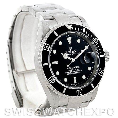 This image shows a left-side angled view of a Rolex Submariner 16610 Men
s Stainless Steel Black Dial 16610 Men
s Stainless Steel Black Dial watch, displaying the face, bezel, and a portion of the bracelet.