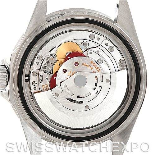 The image shows the internal movement and mechanism of a Rolex Submariner 16610 Men
s Stainless Steel Black Dial 16610 Men
s Stainless Steel Black Dial watch, viewed from the back.