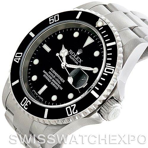 This image shows a Rolex Submariner 16610 Men
s Stainless Steel Black Dial 16610 Men
s Stainless Steel Black Dial watch angled to highlight the bezel, dial, bracelet, and crown.