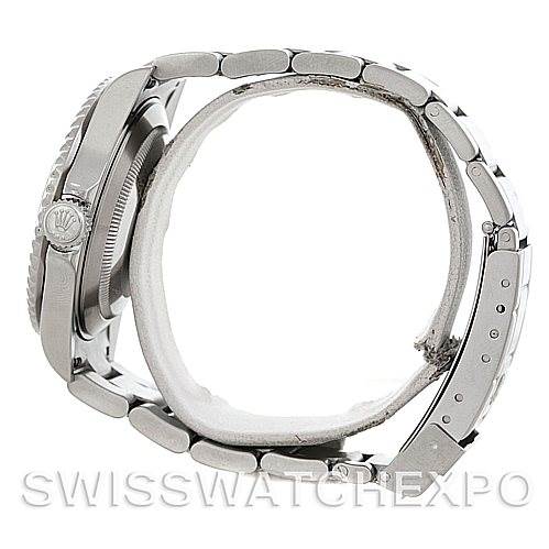 This image shows a side view of a Rolex Submariner 16610 Men
s Stainless Steel Black Dial 16610 Men
s Stainless Steel Black Dial watch, highlighting its case, crown, and bracelet.