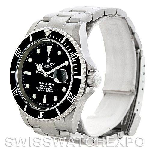 This image shows a Rolex Submariner 16610 Men
s Stainless Steel Black Dial 16610 Men
s Stainless Steel Black Dial watch from a front-left angle, highlighting its black dial, bezel, and stainless steel bracelet.
