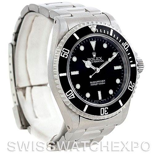 The image shows a Rolex Submariner 14060 Men
s Stainless Steel Black Dial 14060 Men
s Stainless Steel Black Dial watch from a three-quarter angle, highlighting its bezel, dial, crown, and bracelet.