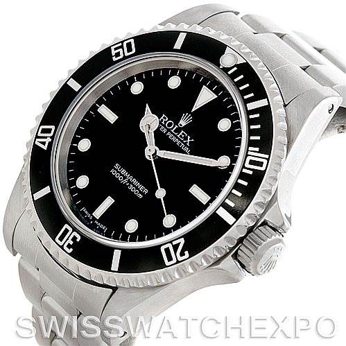 This image shows a side angle of the Rolex Submariner 14060 Men
s Stainless Steel Black Dial 14060 Men
s Stainless Steel Black Dial watch, highlighting its bezel, dial, and bracelet.