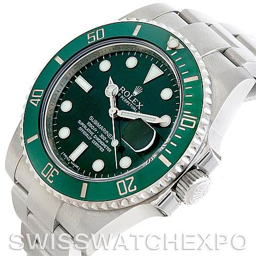 The image shows a Rolex Submariner 116610 Men's Stainless Steel Green Dial 116610 Men's Stainless Steel Green Dial watch at a slight angle, capturing the green bezel, dial, crown, and stainless steel bracelet.