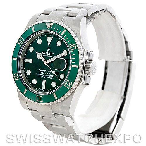 This image shows a Rolex Submariner 116610 Men's Stainless Steel Green Dial 116610 Men's Stainless Steel Green Dial watch at a three-quarter angle, revealing its green bezel, crown, dial, and bracelet.
