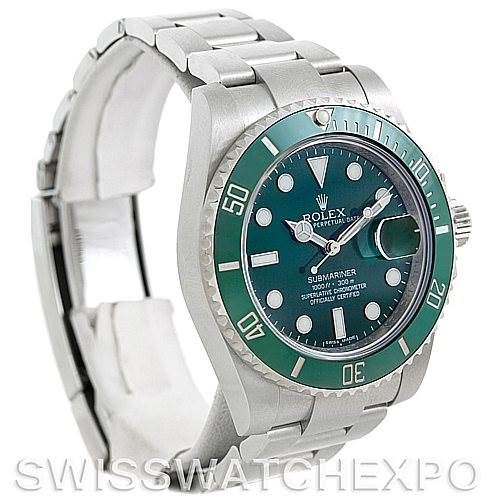 This image shows a Rolex Submariner 116610 Men's Stainless Steel Green Dial 116610 Men's Stainless Steel Green Dial watch at a side angle, highlighting the green bezel, dial, and stainless steel bracelet.