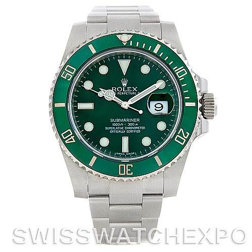 This image shows a frontal view of a Rolex Submariner 116610 Men's Stainless Steel Green Dial 116610 Men's Stainless Steel Green Dial watch with a green bezel and dial, featuring a stainless steel bracelet.