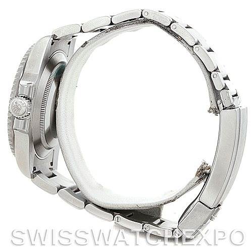 The image shows a side view of the Rolex Submariner 116610 Men's Stainless Steel Green Dial 116610 Men's Stainless Steel Green Dial watch, highlighting the bracelet and the crown.