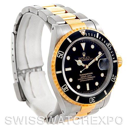The image shows a Rolex Submariner 16613 Men's Steel and Gold (two tone) Black Dial 16613 Men's Steel and Gold (two tone) Black Dial watch from an angled view, highlighting the dial, bezel, and bracelet.