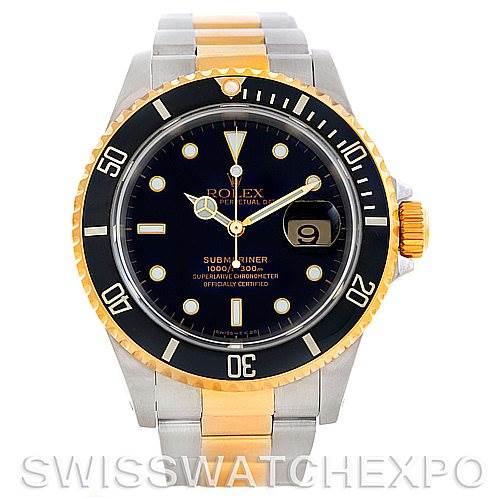 The image shows a front view of a Rolex Submariner 16613 Men's Steel and Gold (two tone) Black Dial 16613 Men's Steel and Gold (two tone) Black Dial watch, displaying the face, bezel, crown, and part of the bracelet.