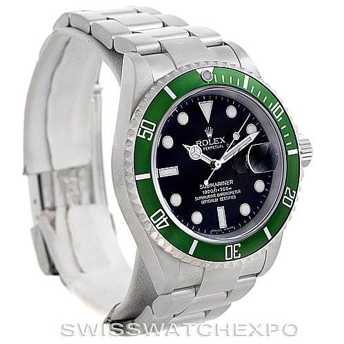 This image shows a Rolex Submariner 16610LV Men
s Stainless Steel Black Dial 16610LV Men
s Stainless Steel Black Dial watch from a front-left angle, featuring its green bezel, black dial, and stainless steel bracelet.