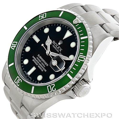 The image shows a Rolex Submariner 16610LV Men
s Stainless Steel Black Dial 16610LV Men
s Stainless Steel Black Dial watch at an angle displaying the dial, bezel, crown, and a portion of the bracelet.