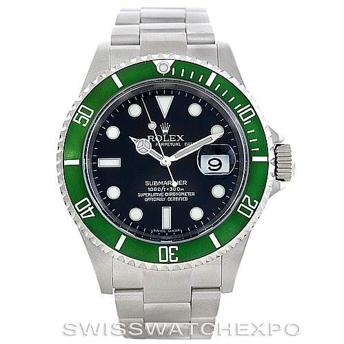 This image shows a front view of a Rolex Submariner 16610LV Men
s Stainless Steel Black Dial 16610LV Men
s Stainless Steel Black Dial watch with a green bezel and a stainless steel bracelet.