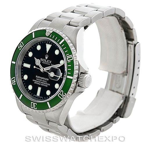 This Rolex Submariner 16610LV Men
s Stainless Steel Black Dial 16610LV Men
s Stainless Steel Black Dial watch is angled to show the face, bezel, crown, and bracelet.