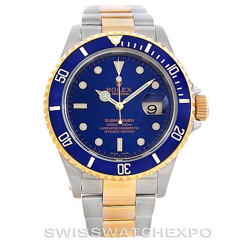 This image shows a front-angle view of the Rolex Submariner 16613 Men's Steel and Gold (two tone) Blue Dial 16613 Men's Steel and Gold (two tone) Blue Dial watch, featuring a blue dial, blue bezel, and two-tone metal bracelet.