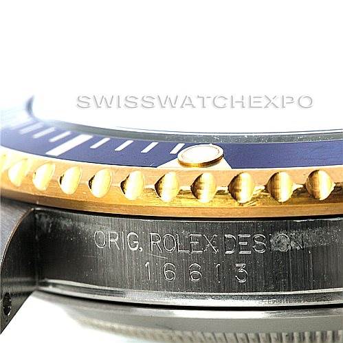 The image shows a close-up of the bezel and case side of a Rolex Submariner 16613 Men's Steel and Gold (two tone) Blue Dial 16613 Men's Steel and Gold (two tone) Blue Dial, model number 16613.