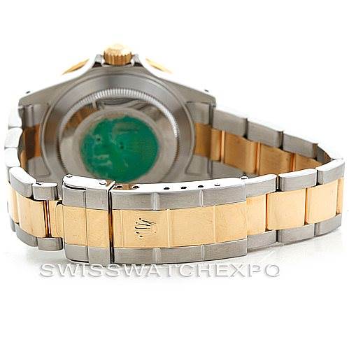 The image shows the back and bracelet of a Rolex Submariner 16613 Men's Steel and Gold (two tone) Blue Dial 16613 Men's Steel and Gold (two tone) Blue Dial watch, highlighting the two-tone metal links and clasp.