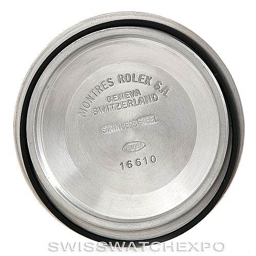 This image shows the inside of the case back for the Rolex Submariner 16613 Men's Steel and Gold (two tone) Blue Dial 16613 Men's Steel and Gold (two tone) Blue Dial model.