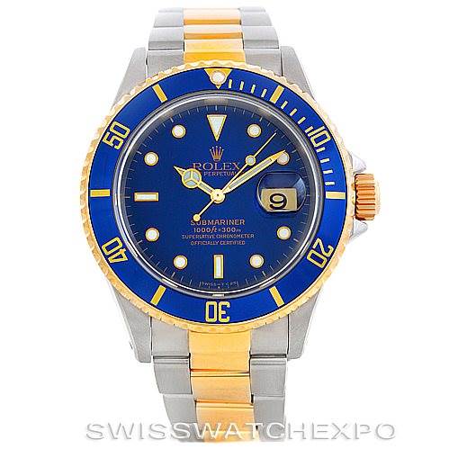 This image shows a Rolex Submariner 16613 Men's Steel and Gold (two tone) Blue Dial 16613 Men's Steel and Gold (two tone) Blue Dial watch from the front, highlighting its blue dial, bezel, and two-tone metal bracelet.