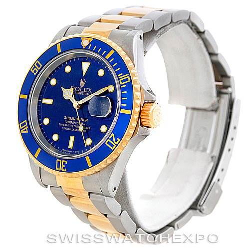This image shows a side-angle view of a Rolex Submariner 16613 Men's Steel and Gold (two tone) Blue Dial 16613 Men's Steel and Gold (two tone) Blue Dial watch, highlighting its blue dial, bezel, and two-tone metal band.
