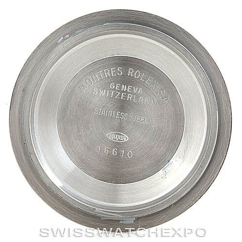 This image shows the inside of the case back of a Rolex Submariner 16613 Men's Steel and Gold (two tone) Blue Dial 16613 Men's Steel and Gold (two tone) Blue Dial watch, model number 16610.