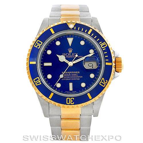 The image shows a Rolex Submariner 16613 Men's Steel and Gold (two tone) Blue Dial 16613 Men's Steel and Gold (two tone) Blue Dial watch viewed from the front, highlighting the blue and gold bezel, dial, and two-tone metal bracelet.