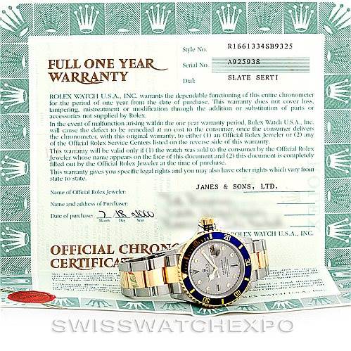 The image shows a Rolex Submariner 16613 Men
s Steel and Gold (two tone) Grey Dial 16613 Men
s Steel and Gold (two tone) Grey Dial watch placed on an Official Chronometer Certification and Warranty certificate.