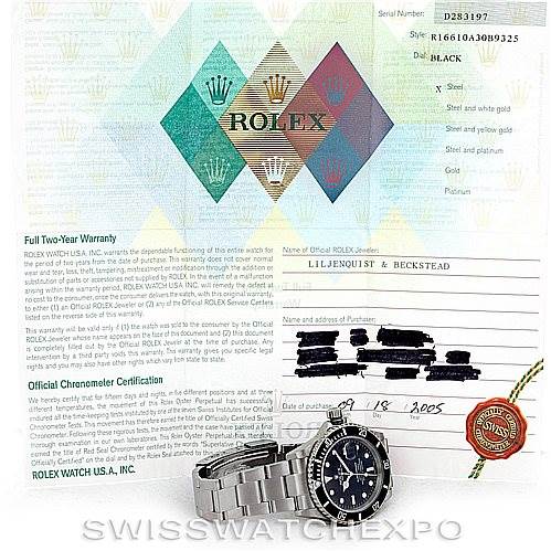 The image shows a Rolex Submariner 16610 Men
s Stainless Steel Black Dial 16610 Men
s Stainless Steel Black Dial watch with a black dial and stainless steel bracelet, alongside its warranty and certification documents.