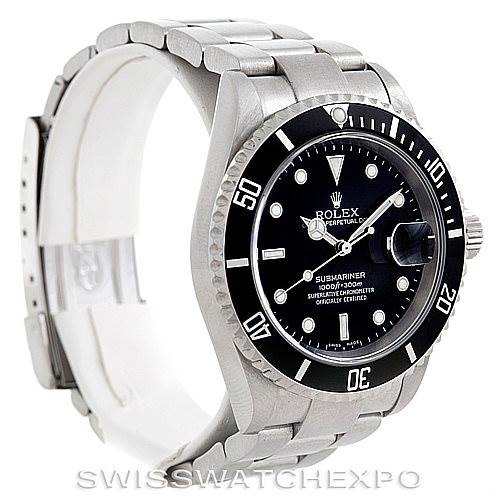 The image shows a Rolex Submariner 16610 Men
s Stainless Steel Black Dial 16610 Men
s Stainless Steel Black Dial watch from a three-quarter angle highlighting the face, bezel, and part of the bracelet.