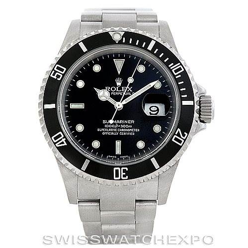 This image shows a front view of a Rolex Submariner 16610 Men
s Stainless Steel Black Dial 16610 Men
s Stainless Steel Black Dial watch, featuring its dial, bezel, and stainless steel bracelet.