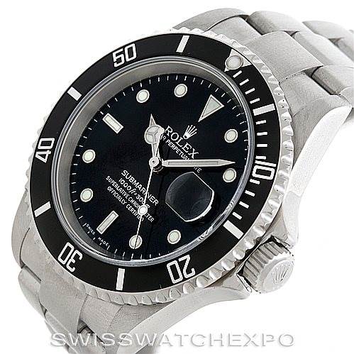 The Rolex Submariner 16610 Men
s Stainless Steel Black Dial 16610 Men
s Stainless Steel Black Dial watch is shown from a front-angled view, displaying the dial, bezel, and part of the bracelet.