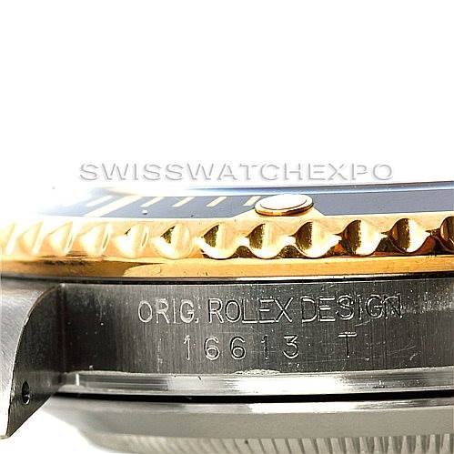 The image shows a close-up side view of a Rolex Submariner 16613 Men's Steel and Gold (two tone) Black Dial 16613 Men's Steel and Gold (two tone) Black Dial watch, highlighting its bezel, crown guard, and model engraving.