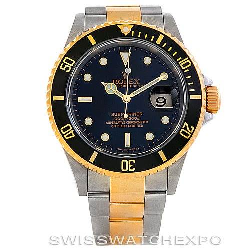 The image shows a frontal view of a Rolex Submariner 16613 Men's Steel and Gold (two tone) Black Dial 16613 Men's Steel and Gold (two tone) Black Dial watch, highlighting its black dial, gold and silver bezel, and bracelet.