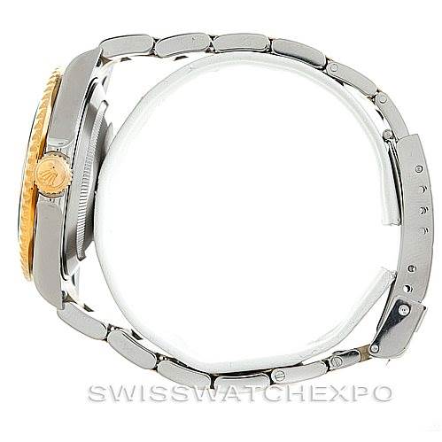 The image shows a side view of a Rolex Submariner 16613 Men's Steel and Gold (two tone) Black Dial 16613 Men's Steel and Gold (two tone) Black Dial watch, featuring the crown and bracelet.