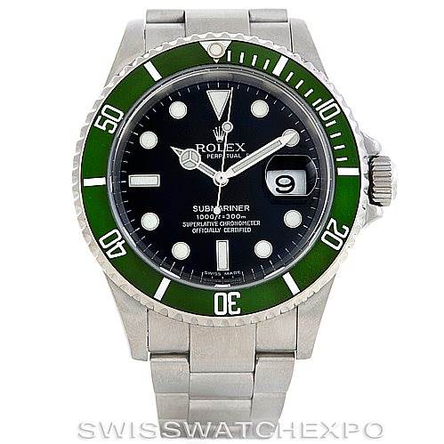 The Rolex Submariner 16610T Men
s Stainless Steel Black Dial 16610T Men
s Stainless Steel Black Dial watch is shown from the front, highlighting its green bezel, black dial, and silver bracelet.