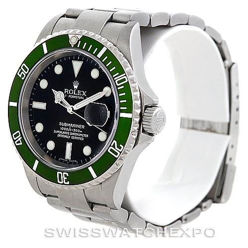 This image shows a side angle of a Rolex Submariner 16610T Men
s Stainless Steel Black Dial 16610T Men
s Stainless Steel Black Dial watch, displaying the face, bezel, crown, and part of the bracelet.