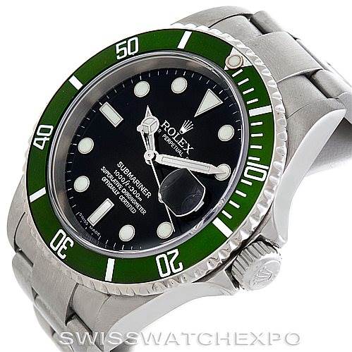 This image shows a stainless steel Rolex Submariner 16610T Men
s Stainless Steel Black Dial 16610T Men
s Stainless Steel Black Dial watch model from an angled side view, highlighting the bezel, dial, and bracelet.