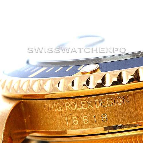 The image shows a close-up side view of the bezel and the case of a Rolex Submariner 16618 Men's Yellow Gold Blue Dial 16618 Men's Yellow Gold Blue Dial, with the model number 16618 engraved.