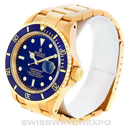The image shows a gold Rolex Submariner 16618 Men's Yellow Gold Blue Dial 16618 Men's Yellow Gold Blue Dial watch with a blue dial and bezel, viewed from an angled side perspective.