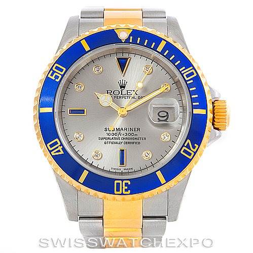 This image shows a front view of a Rolex Submariner 16613 Men's Steel and Gold (two tone) Grey Dial 16613 Men's Steel and Gold (two tone) Grey Dial watch, highlighting the dial, bezel, and bracelet.