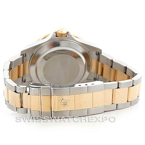 This image shows the back view of a Rolex Submariner 16613 Men's Steel and Gold (two tone) Grey Dial 16613 Men's Steel and Gold (two tone) Grey Dial watch, highlighting its bracelet and case back.