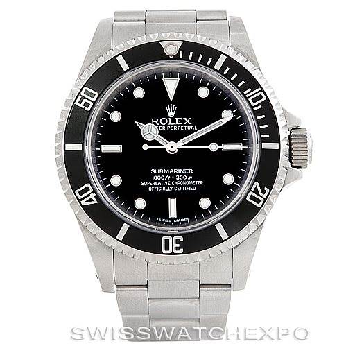 This image shows a front view of a Rolex Submariner 14060 Men
s Stainless Steel Black Dial 14060 Men
s Stainless Steel Black Dial watch, featuring its black dial, bezel, and stainless steel bracelet.