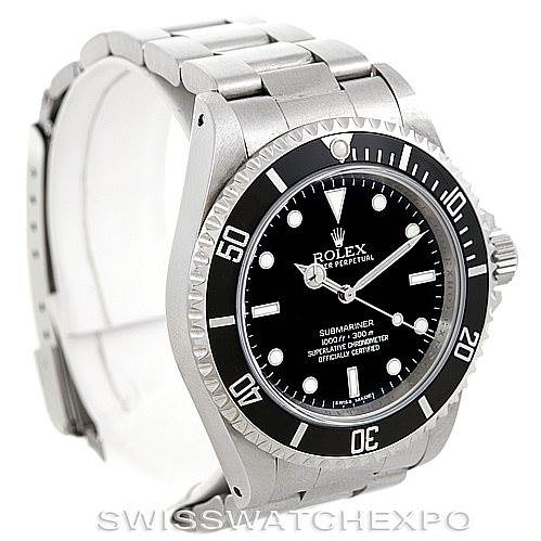 This image shows a front angle view of the Rolex Submariner 14060 Men
s Stainless Steel Black Dial 14060 Men
s Stainless Steel Black Dial watch, detailing its black dial, bezel, and stainless steel bracelet.