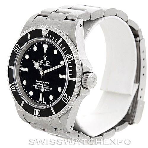 The image shows a side and frontal view of a Rolex Submariner 14060 Men
s Stainless Steel Black Dial 14060 Men
s Stainless Steel Black Dial, displaying its case, bezel, dial, and part of the bracelet.