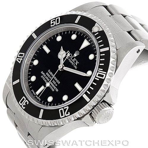 This image shows a Rolex Submariner 14060 Men
s Stainless Steel Black Dial 14060 Men
s Stainless Steel Black Dial watch at an angled view, highlighting its face, bezel, crown, and bracelet.