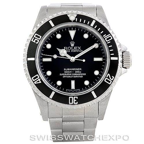 The image shows a front view of the Rolex Submariner 14060 Men
s Stainless Steel Black Dial 14060 Men
s Stainless Steel Black Dial watch, highlighting its bezel, dial, markers, hands, and bracelet.